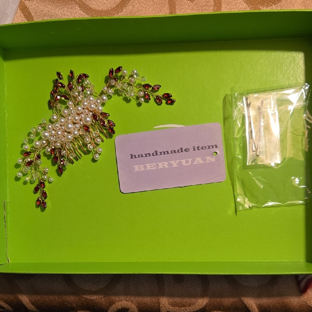 Beryuan Handmade Red and Pearl Bridal Hair Comb